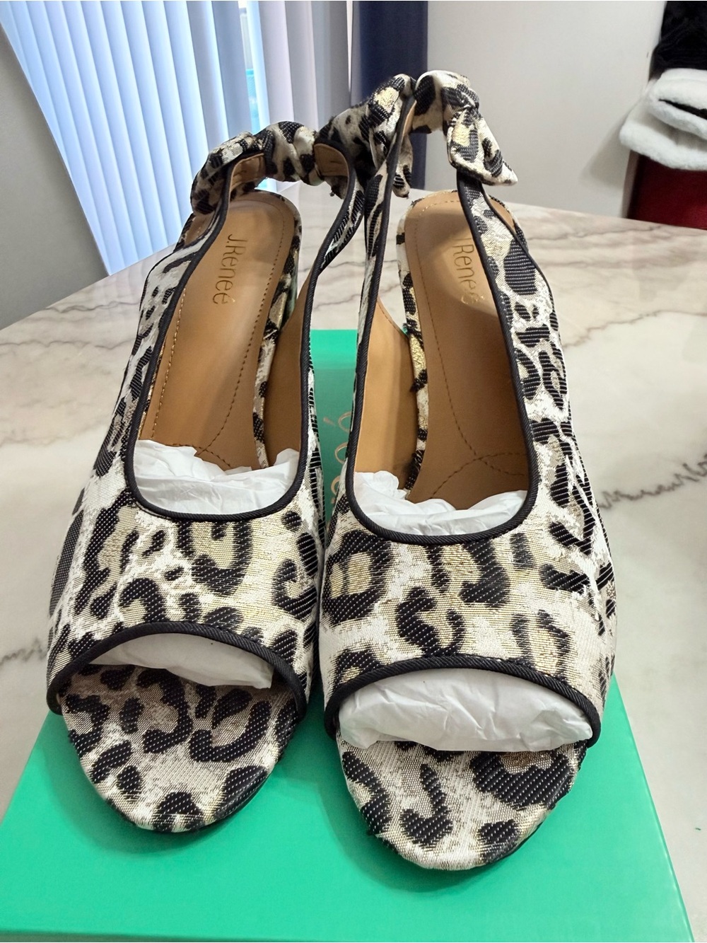 J.Renee Leopard Print Peep-Toe Tie-Back Heels - Black & Cream